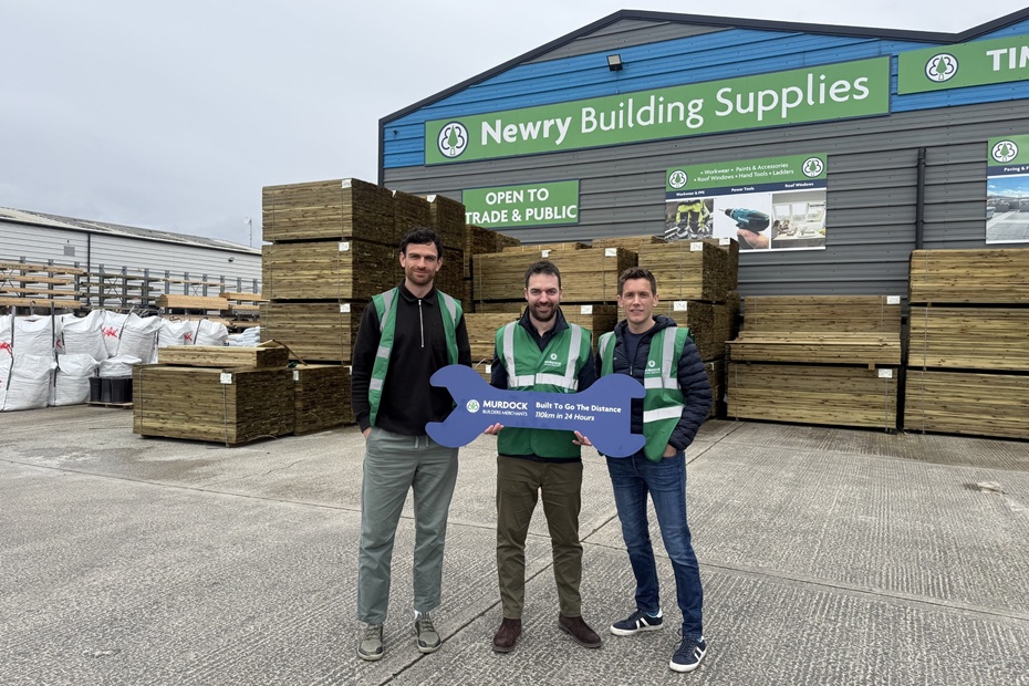 Murdock Builders Merchants team members Connor Gough, Stephen Patterson and Drew Fowler pictured ahead of the Murdock 110k fundraising challenge