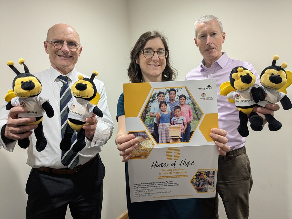With the help of some friendly bees, Rev Uel Marrs (left), Secretary to PCI’s Council for Global Mission, Ruth Cooke, Christian Aid Ireland’s Head of Fundraising and Supporter Engagement, and Rev Liam Rutherford, PCI’s World Development Appeal Agent, launch this year’s World Development Appeal.