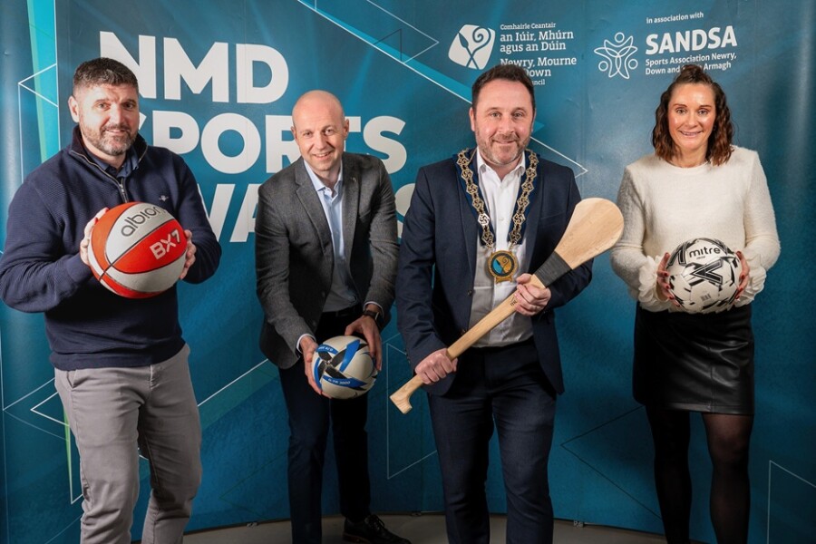 Launching the NMD Sports Awards are from left: Ryan Flynn, NMDDC Sports Development Officer, Andrew Patterson, NMDDC Director of Active and Healthy Communities, Newry, Mourne and Down District Council Chairperson, Cllr Pete Byrne and Kerri McConnell, NMDDC Indoor Leisure.