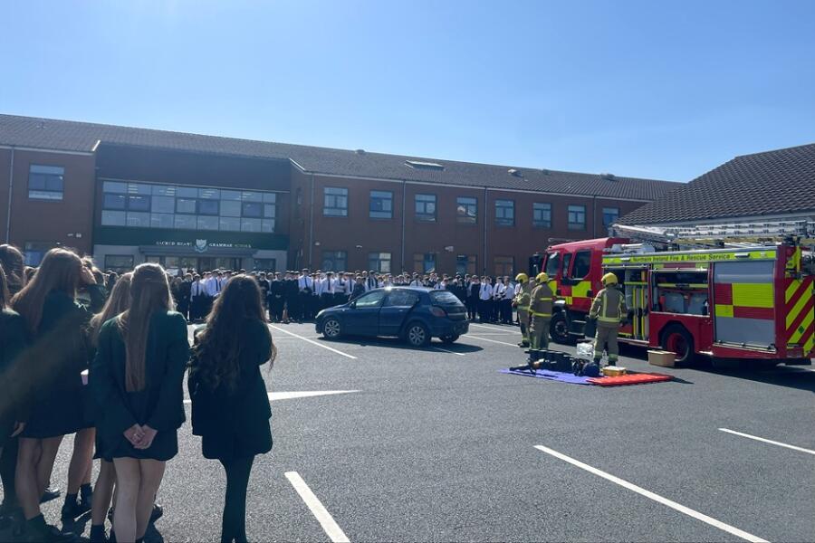 Pictured at the PCSP Road Safety event which was organised in collaboration with the Northern Ireland Fire and Rescue Service (NIFRS) are pupils from the Sacred Heart Grammar School and The Abbey CBS Grammar School. Held on Wednesday, 9 April, over 250 students attended the ‘Your Choice’ presentation and then witnessed a demonstration by members of the NIFRS which vividly portrayed a real-life emergency response to a crash, including the extraction of a volunteer ‘passenger’ from the vehicle.  