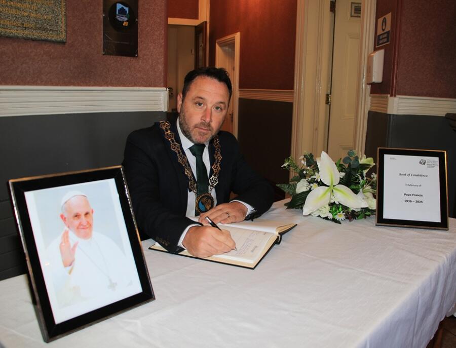 Pictured at Newry Town Hall is Newry, Mourne and Down District Council Chairperson, Councillor Pete Byrne who opened Books of Condolence following the death of Pope Francis.