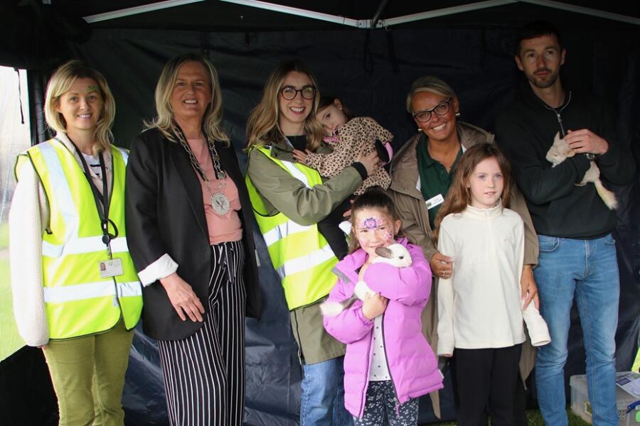 Newry, Mourne and Down District Council Chairperson Councillor Geraldine Kearns pictured with (L to R) Newry, Mourne and Down Engagement and Development Manager, Kerri Morrow; Alannah Brennan and her daughter Ruby Brennan; Meabh, Freya with Dad Darren and Kerry from Wee Bugs and Beasties.