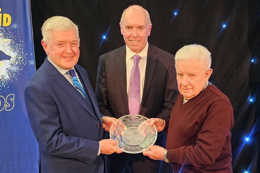 Pat Flanagan (Chairman of Greyhound Racing Ireland) and Tim Lucey (CEO of Greyhound Racing Ireland) inducting Brendan Matthews, right,  to the Hall of Fame at the National Greyhound Racing Awards hosted at Shelbourne Park Greyhound Stadium on Sunday night.