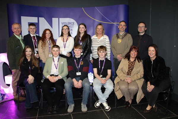 Mark Hughes, Councillor Geraldine Kearns, Chairperson Newry, Mourne and Down Council, Councillor Philip Campbell, Dáire Hughes MP Newry and Armagh, Councillor Valerie Harte and Liz Kimmins Minister for Infrastructure with the Threeways Project Members who officially launched Stand Up - The Premiere for Change and a Film premiere and awareness event focused on Ending Violence against women and Girls.