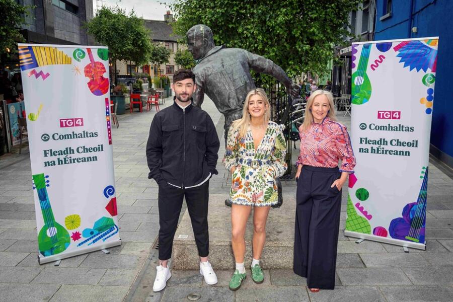 TG4 Fleadh25 presenters: Peadar Ó Goill, Doireann Ní Ghlacáin and Aoife Ní Thuairisg. Photograph: Melissa Mannion