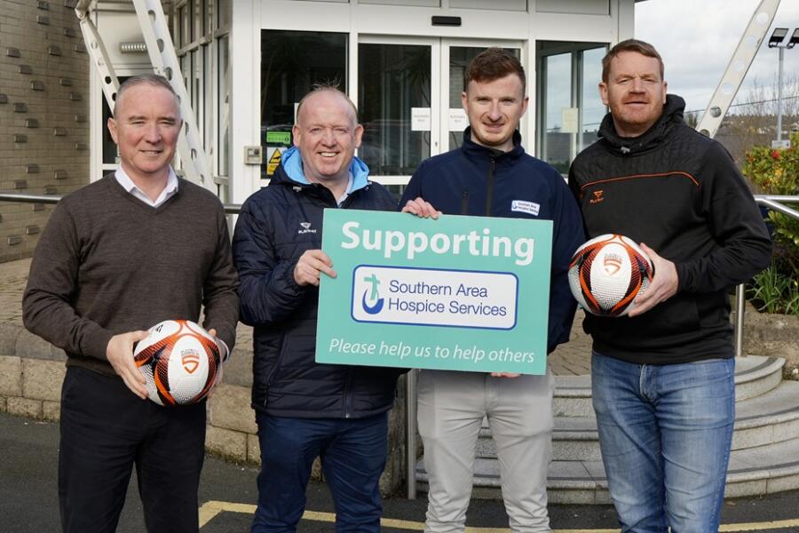 Pictured at the announcement are from left: Damien Hillen, Southern Area Hospice, Kieran Quinn, PLAYR-FIT, Sean Boyle, Southern Area Hospice and Steven Burns, PLAYR-FIT.