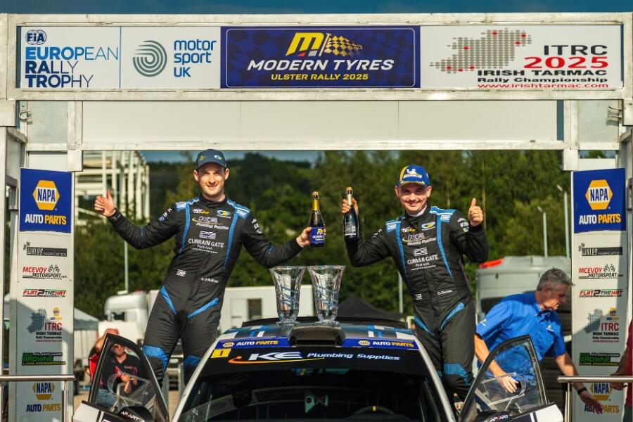Noel O' Sullivan (left) and Callum Devine winners of the 2025 Ulster Rally. Photograph: David Harrigan