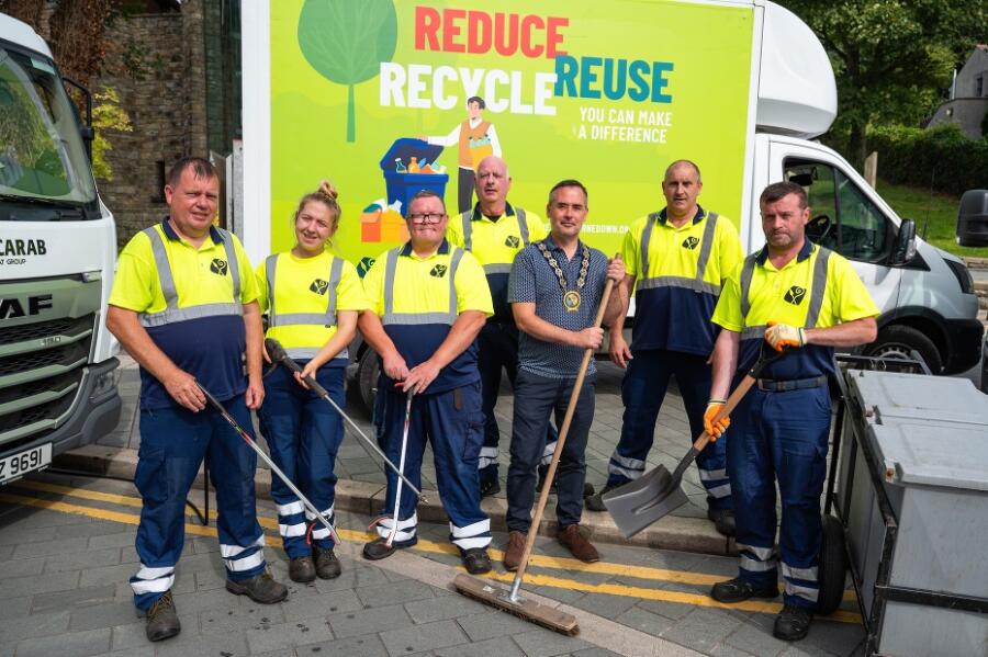 Newry, Mourne and Down District Chairperson, Councillor Philip Campbell pictured with (L to R) Council Street Cleansing Staff Kieran McMullan, Katie McCreesh, Gary McKee, Paddy Taggart, Laurence Toner and Paul Toner.