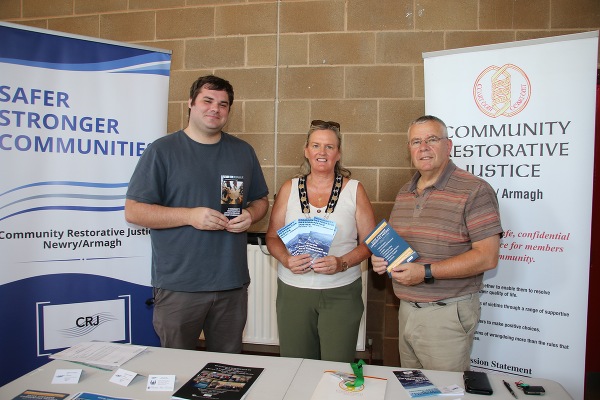 Newry, Mourne and Down District Council Deputy Chairperson Deputy Chairperson Geraldine Kearns with Ryan Morgan and Ewan Morgan, C.R.J Newry and Armagh at Meigh Community Centre Health and Wellbeing Event.  