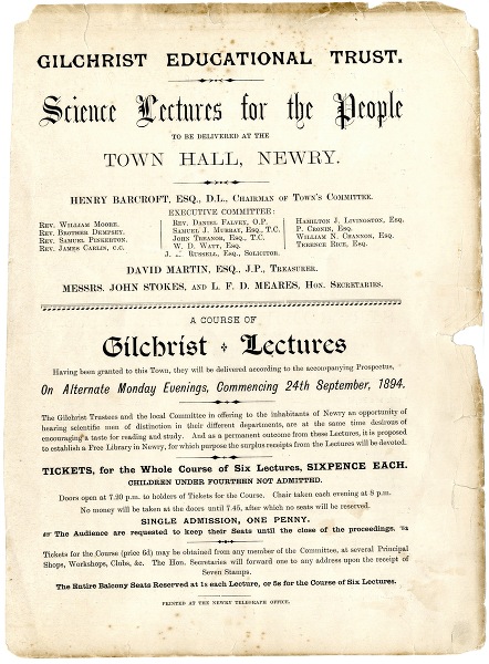 A page from the leaflet for the Gilchrist Lecture from 1894 Newry and Mourne Museum Collection