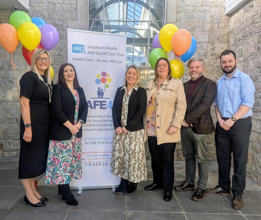 Pictured launching the service are from left are: Leanne Spratt, Acting Assistant Director for Safeguarding, Lynsey Hewitt, SAFE4U service manager, Donna Murphy, Interim Director of Children and Young People’s Services, Detective Inspector Edel Quaile and Sergeant Ryan Duffy, Police Service of Northern Ireland and Thomas Hutchinson, Department of Health Strategic Planning and Performance Group (SPPG)