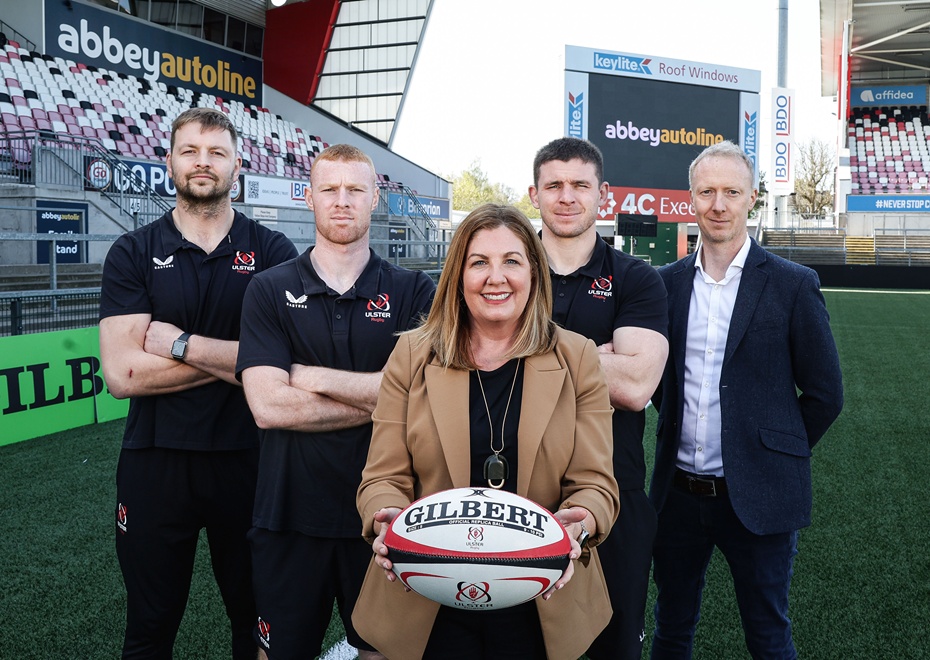 Pictured following the announcement are Ulster Rugby players Iain Henderson and Nathan Doak; Julie Gibbons, Managing Director of AbbeyAutoline; Ulster Rugby player Nick Timoney; and Keith Shorten, Head of Commercial at Ulster Rugby