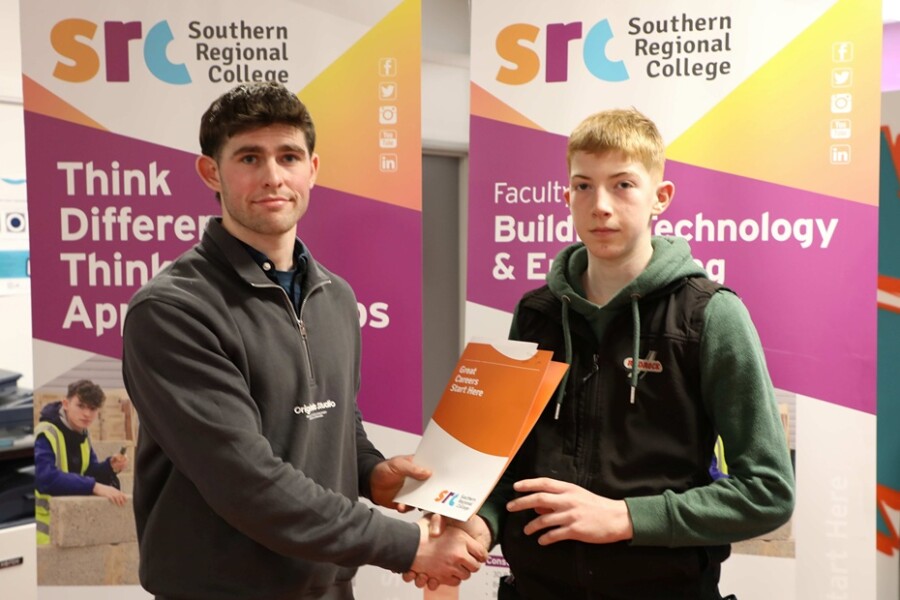 Caolan Quinn from St Joseph's High School was placed 1st in the wall & floor tiling competition.  Caolan was presented with his certificate by Isaac Bingham, a past SRC student and Medallion of Excellence competitor at WorldSkills Lyon 2024.