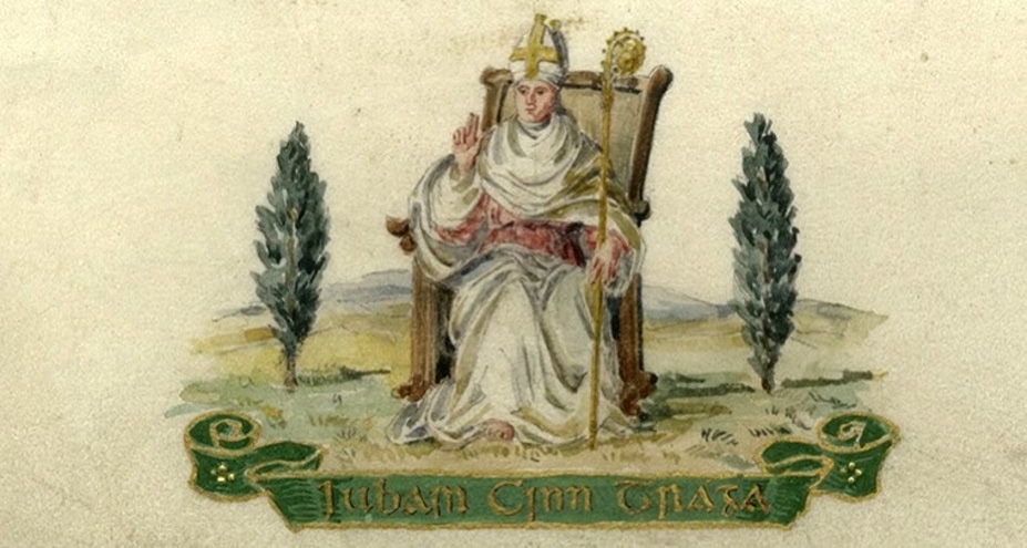 A watercolour of the seal of the old Newry Urban District Council from the front page of Newry’s Roll of Honour compiled in 1915. The yew trees represent the trees Newry got its name from and stands as a symbol of growing faith.