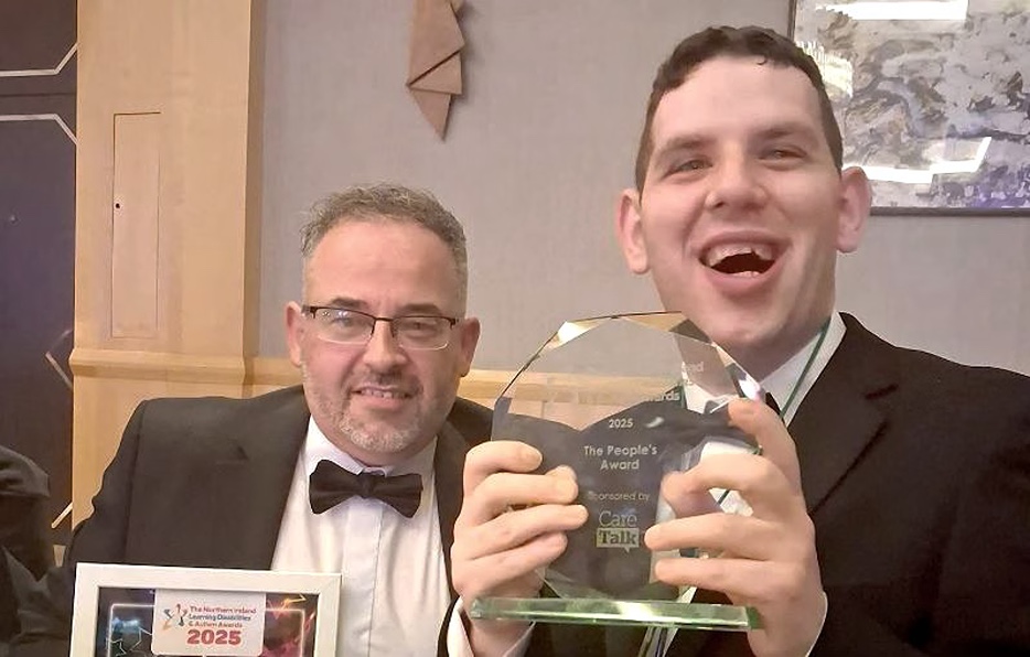 Disco king Barry Smyth pictured with Colm Gilmore accepting an award in 2025. Photograph: Autism Initiatives.