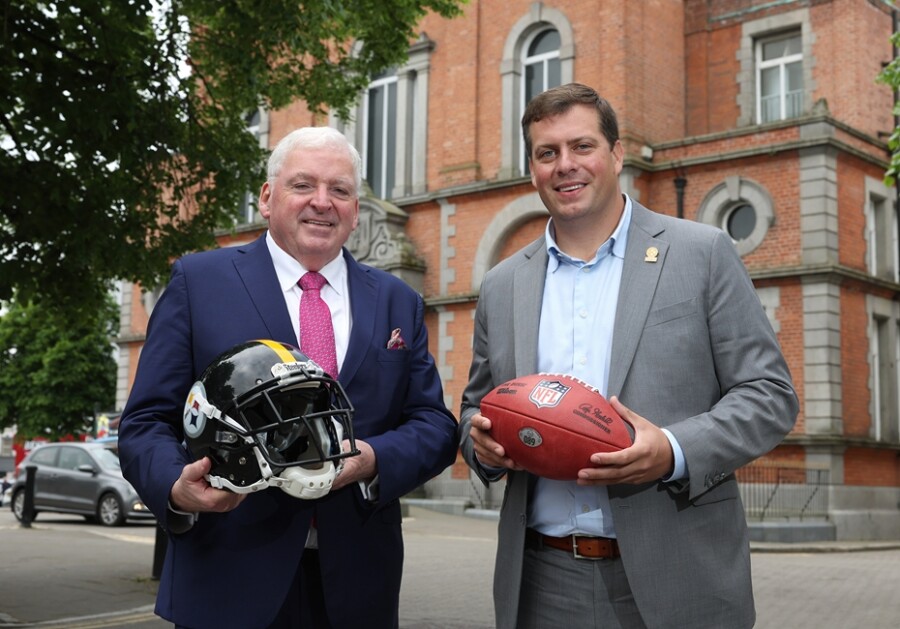 Pictured at Newry Town Hall back in 2023 are Daniel Rooney, Director of Business of Development & Strategy at Pittsburgh Steelers and Fergal McCormack, left, Senior Partner AAB and Rooney family friend. 