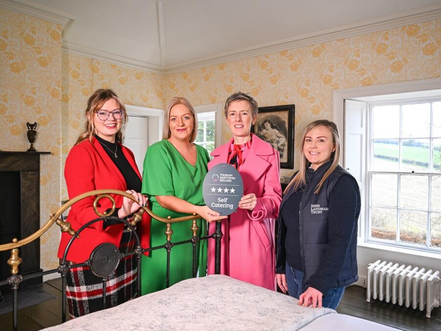 Pictured in one of the heritage rooms at Tullymurry House are from left: Grace Healey, Communications Manager at The Irish Landmark Trust, Deborah Avery, Senior Certification & Grading Office at Tourism Northern Ireland, Niamh Lunny, CEO of The Irish Landmark Trust and Stacey Reilly, House Manager.