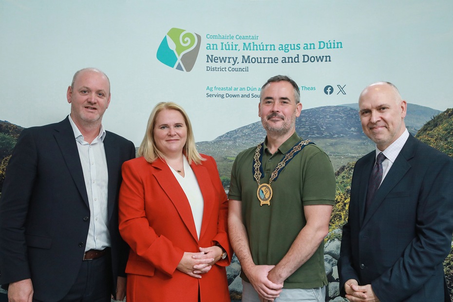 Newry, Mourne and Down District Council Chairperson, Councillor Philip Campbell attends the launch of the Hotel Development Grant Scheme pictured with (L to R) Conor Mallon, Director Economy, Regeneration and Tourism Newry, Mourne and Down District Council (NMDDC);  Marie Ward, Chief Executive NMDDC and Martin Graham, Regional Manager Tourism NI.