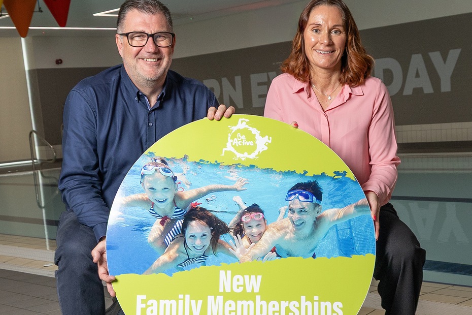 Assistant Director of Healthy Living, Conor Haughey and Head of Indoor Leisure, Kerri McConnell launch the new NMD Be Active Family Membership campaign.