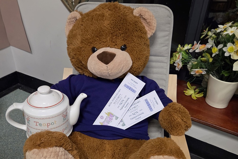 The Poyntzpass Community Preschool Mascot gets ready for the Afternoon Tea this Sunday.