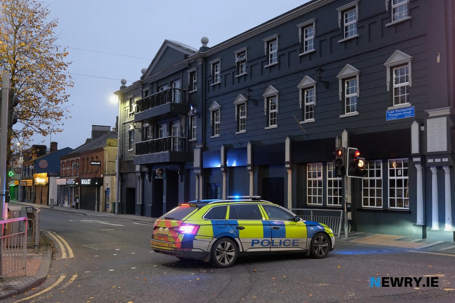 Police sealed off Monaghan Street overnight. Photograph: Columba O'Hare/ Newry.ie 