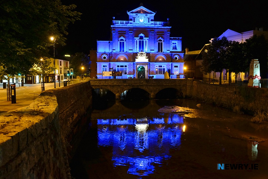 Newry Town Hall illuminated blue (stock photograph). Photograph: Columba O'Hare/ Newry.ie 