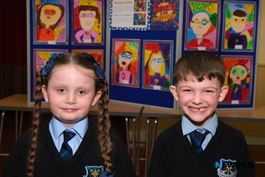 Sherleen McDonagh and Ryan Magee from P3 at St Malachy's PS with some of their class's art work based around the artist Romero Britto. Photograph: Columba O'Hare/ Newry.ie 