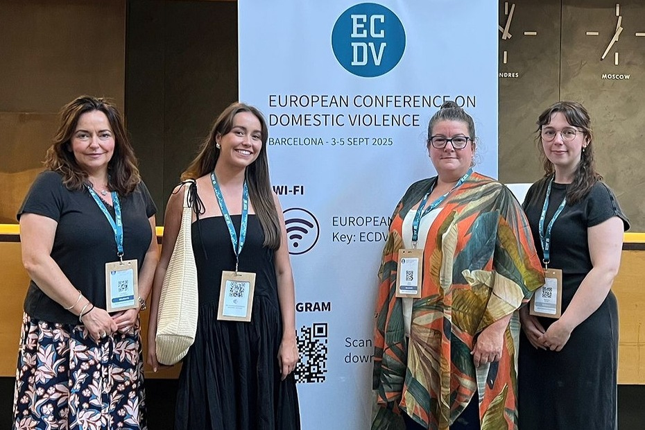 Pictured at the European Conference on Domestic Violence this week in Barcelona are, from left: Dr Katrina McLaughlin Senior Lecturer School of Psychology QUB, Caoilfhionn Hardy, Trainee Clinical Psychologist QUB; Helen Cranney, Acting CEO Women's Aid Armagh Down and Rosalyn Millar, NINE DTP PhD student.