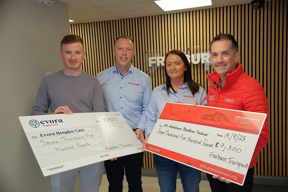 Freeburn Transport cheque presentation to Air Ambulance NI and Evora Hospice Care. Pictured from left: Sean Boyle, Evora Hospice, Chris Freeburn, Freeburn Transport, Paula McCourt, Freeburn Transport and Damien McAnespie, Air Ambulance NI