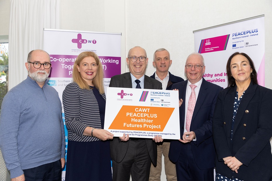 Launching the CAWT PEACEPLUS ‘Healthier Futures’ Project are from left: Gerard Rocks, Assistant Director for Promoting Well-being, Southern Health & Social Care Trust; Cathy Mc Closkey, Chief Officer, CAWT; Paul Sheridan, Director of Corporate Services, Special EU Programmes Body; Prof Donal O’Shea, Consultant Endocrinologist & National Clinical Lead for Obesity, HSE; Aidan Dawson, Chief Executive, Public Health Agency / CAWT Deputy Director General and Carmel McPeake, Finance Manager, CAWT