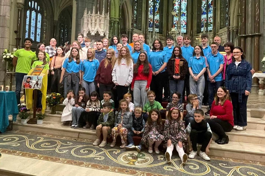 Some of the young people who attended the Newry Cathedral celebrations for two new saints.