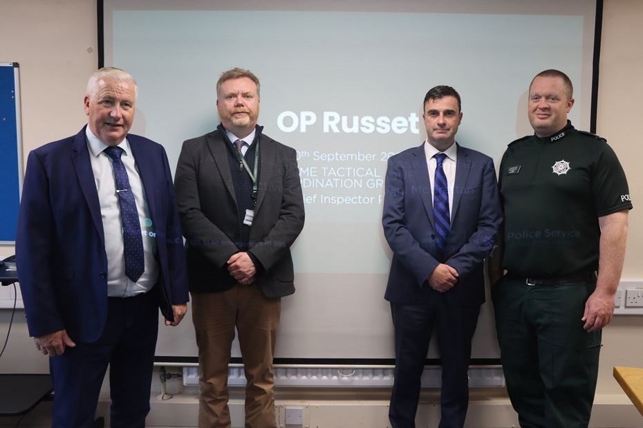 Garda Detective Superintendent John O’Flaherty, Co-Chair of the Cross Border JATF; Detective Chief Inspector Paul McGrattan of the PSNI; Detective Superintendent Joe O’Reilly, Garda National Drugs and Organised Crime Bureau and PSNI Superintendent Peter Stevenson, pictured at meeting of the JATF on rural crime.