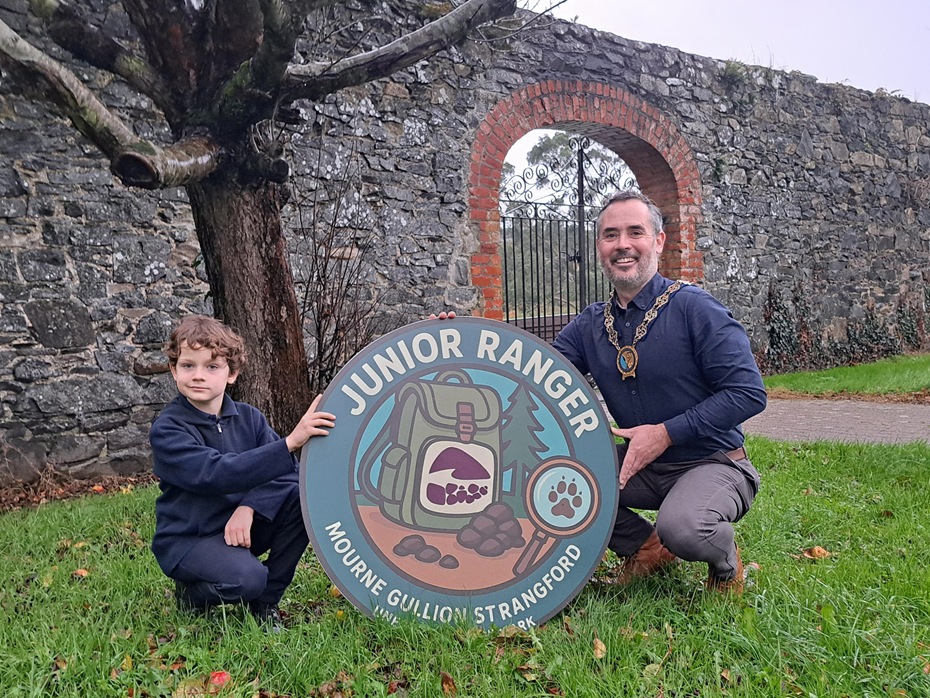 Newry, Mourne and Down District Council Chairperson Cllr Philip Campbell and Ethan Mallon (age 7) launch the Junior Ranger Challenge at Delamont Country Park.