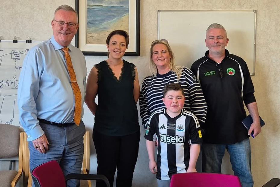 Alfie Pentony and his parents Colleen and Jamie with Liz Kimmins MLA and Health Minister Mike Nesbitt.