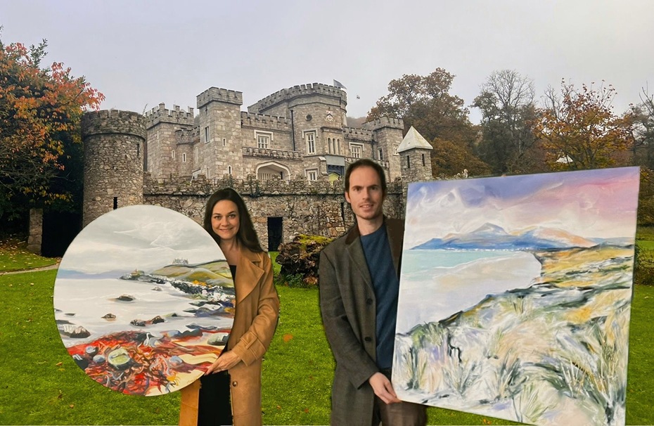 Evana Bjourson and Adrian Margey with two of their art pieces at Killeavy Castle.