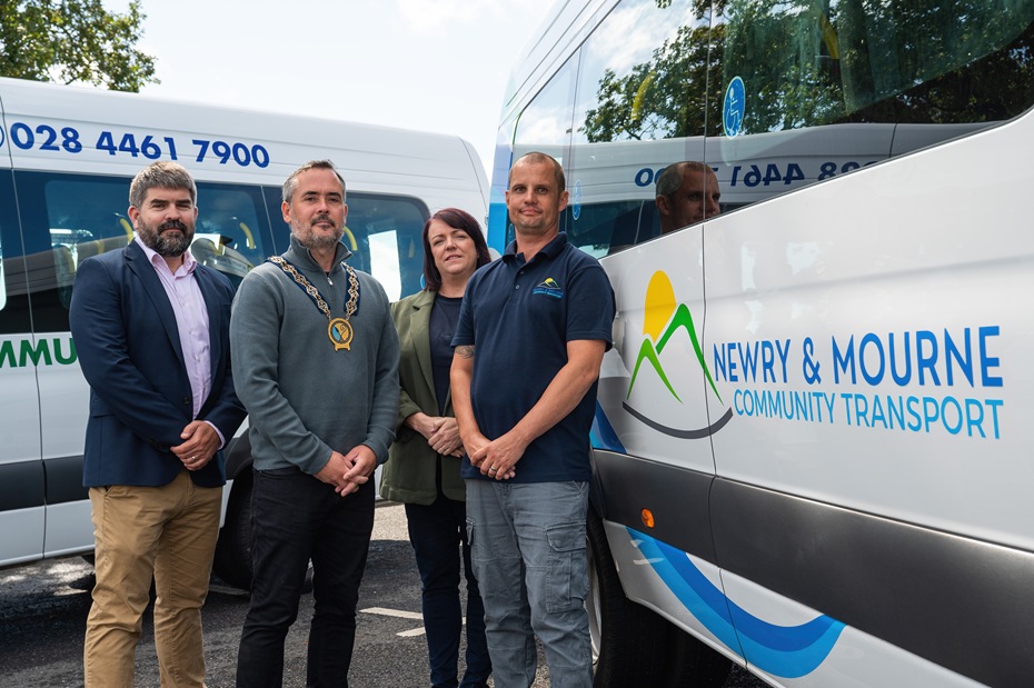 Council Chairperson, Cllr Philip Campbell is pictured with representatives from the UK Shared Prosperity Fund (UKSPF), Down Community Transport and Newry & Mourne Community Transport, highlighting community transport as one of the many projects funded through UKSPF designed to deliver visible benefits for local communities, businesses and visitors across the district. Included from left: Chris Moore, Delivery Manager UKSPF (Northern Ireland); Council Chairperson, Cllr Philip Campbell; Sheileen Brady from Down Community Transport and Stephen Yeoman from Newry & Mourne Community Transport.  