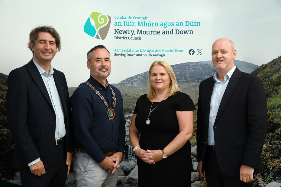Newry, Mourne and Down District Council Chairperson, Councillor Phillip Campbell attends the launch of the Grade A Office Development Grant Scheme for Newry City pictured with from left: Paul McNaught, Director of Regional Development, Department for Communities; Marie Ward, Chief Executive Newry, Mourne and Down District Council and Conor Mallon, Director Economy, Regeneration and Tourism NMDDC.