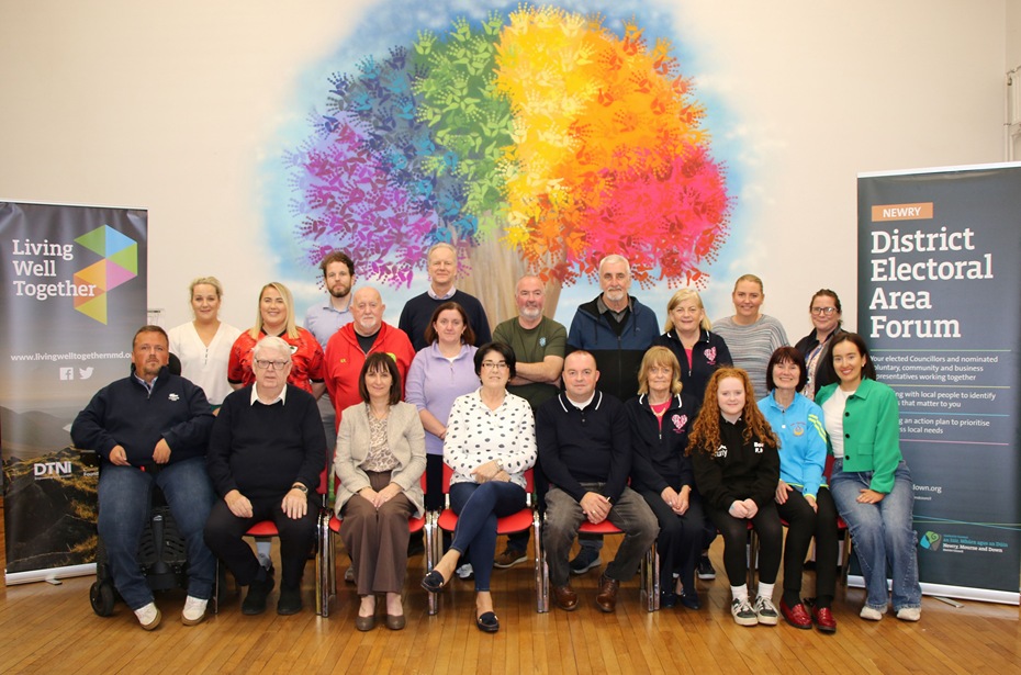 Representatives from the 13 organisations in the Newry DEA area who each received £1,000 as part of their Communities Leading Change Participatory Budgeting event. Included is Councillor Aidan Mathers, Chairperson of the Newry DEA Forum (centre) and Padraig Harte, Newry DEA Forum Coordinator (front row left).