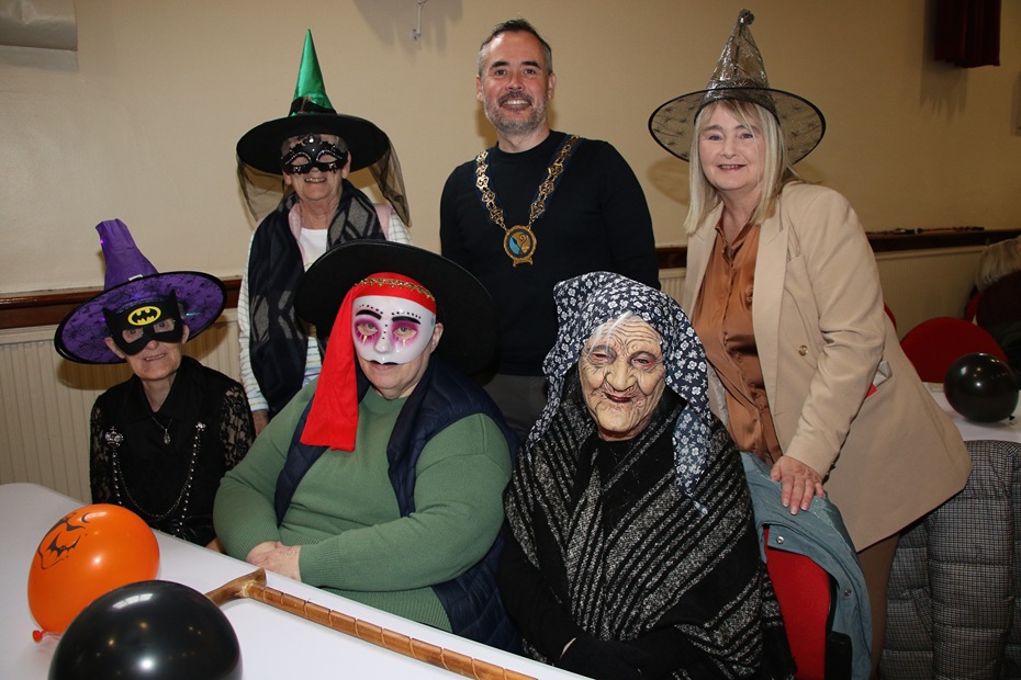 Chairperson Newry, Mourne and Down Council, Councillor Philip Campbell, Councillor Liz Murphy Chairperson Crotlieve DEA pictured with some of the guests who dressed up for Halloween to come to the Afternoon Tea Dance.