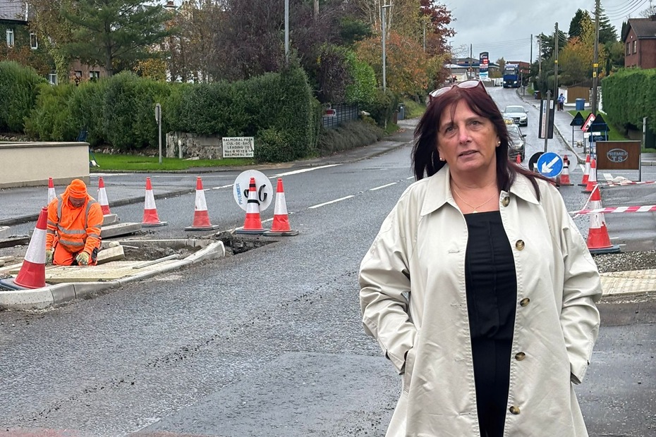 Cllr Valerie Harte at the road works on the Rathfriland Road.