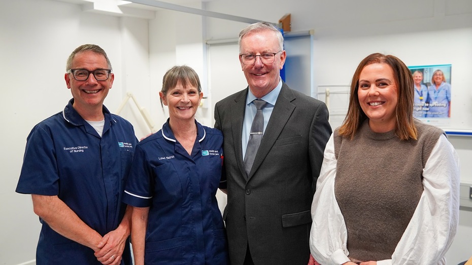 Prof David Robinson, South Eastern Trust’s Executive Director of Nursing; Oriel Brown, Lead Nurse at the Ulster Hospital’s Vaccination Centre; Health Minister Mike Nesbitt and Rachel Spiers, PHA’s Immunisation and Vaccination Programme Manager.