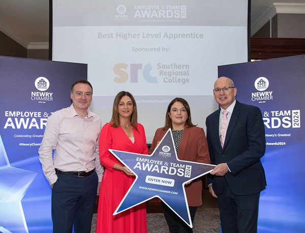 Michael Savage, CEO of Newry Chamber and Gary Digney, Vice President of Newry Chamber with Tracy Rice and Sylvia Moorhead from Southern Regional College, Sponsor of the ‘Best Higher Level Apprentice’ Category at the Launch of the Newry Chamber Employee & Team Awards.