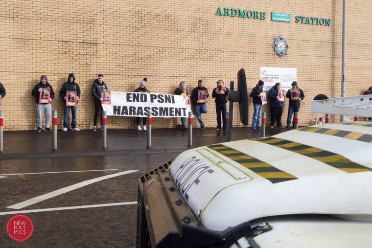 Members of Saoradh hold  a protest at Ardmore Barracks Newry
