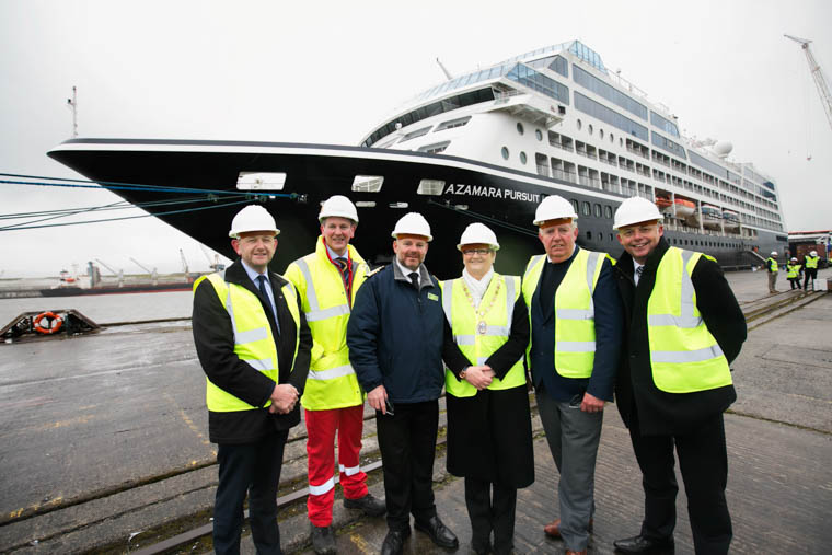 The Asumara Pursuit Captain Carl Smith is welcomed in Belfast by Deputy Lord Mayor Sonia Copeland, Gary Annett, MJM Group, (left), Jonathan Guest, Harland and Wolff, Brian McConville, CEO and Chairman of the MJM Group and Richard Twynam, MD of Azumara Club Cruises. Photograph: Brian Morrison. The Asumara Pursuit Captain Carl Smith is welcomed in Belfast by Deputy Lord Mayor Sonia Copeland, Gary Annett, MJM Group, (left), Jonathan Guest, Harland and Wolff, Brian McConville, CEO and Chairman of the MJM Group and Richard Twynam, MD of Azumara Club Cruises. Photograph: Brian Morrison.