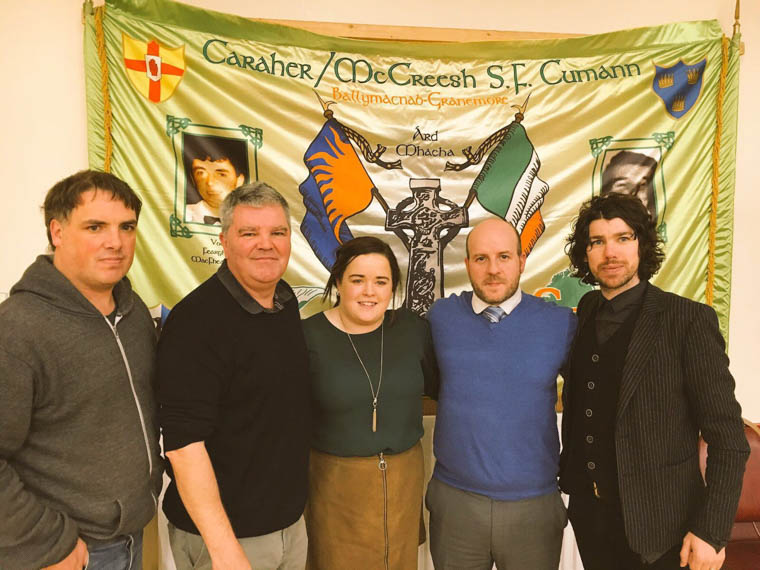 Cllr Darren McNally, Cathal Boylan MLA, Bróna Haughey, Liam O'Manachain and Cllr Garath Keating pictured in front of the Caraher/McCreesh Sinn Féin Cumann banner Cllr Darren McNally, Cathal Boylan MLA, Bróna Haughey, Liam O'Manachain and Cllr Garath Keating pictured in front of the Caraher/McCreesh Sinn Féin Cumann banner
