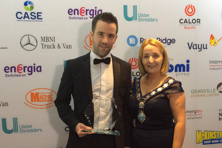 Newry, Mourne and Down District Council Chairperson Councillor Roisin Mulgrew congratulates staff member Ciaran Og Mussen on winning the category of ‘Best Energy Manager’ at the Sustainable Ireland Magazine Awards 2017 on Wednesday 22 November in the Crown Plaza Hotel, Belfast. Newry, Mourne and Down District Council Chairperson Councillor Roisin Mulgrew congratulates staff member Ciaran Og Mussen on winning the category of ‘Best Energy Manager’ at the Sustainable Ireland Magazine Awards 2017 on Wednesday 22 November in the Crown Plaza Hotel, Belfast.