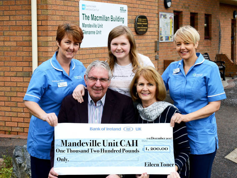 Michael and Eileen Toner present their cheque to Staff Nurse’s Valerie Moore, Aoife Tierney (Granddaughter) and Maureen Devlin Michael and Eileen Toner present their cheque to Staff Nurse’s Valerie Moore, Aoife Tierney (Granddaughter) and Maureen Devlin