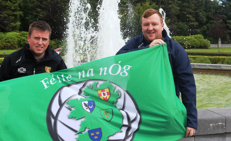 The F&eacute;ile Flag being hand over from the 2017 Hosts Ulster GAA Council to F&eacute;ile Peile na n&Oacute;g 2018 committee representatives Diarmuid Cahill (Chairperson) and Ciar&aacute;n Flynn (Secretary)