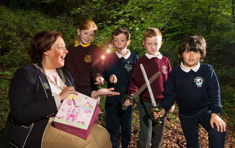 Footsteps in the Forest competition winners Aoife Reavey, St Patricks Mayobridge; Mark Doran, Cloughoge PS; Cián Leonard Green, St Patricks Crossmaglen and Lorcan Boyle St Oliver Plunkett, Forkhill pictured with Newry, Mourne and Down District Council Chairperson, Councillor Gillian Fitzpatrick