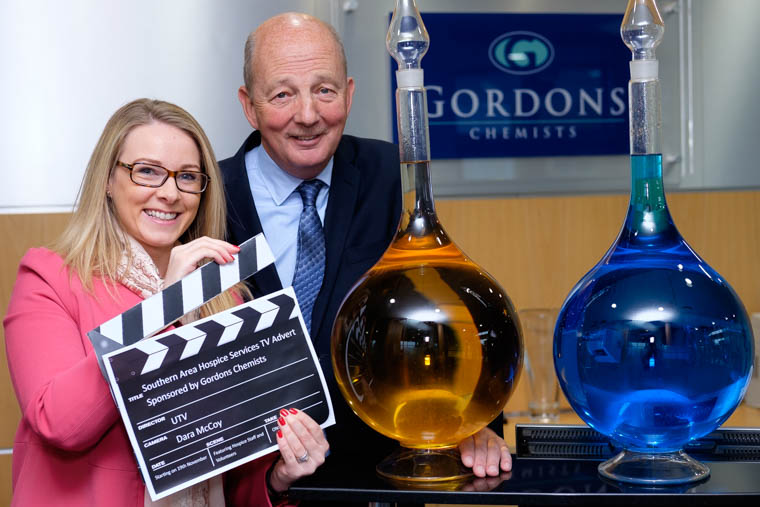 Grainne Mulgrew, Public Relations and Events Officer, Southern Area Hospice with Robert Gordon, Managing Director, Gordons Chemists launching the TV Advert. Grainne Mulgrew, Public Relations and Events Officer, Southern Area Hospice with Robert Gordon, Managing Director, Gordons Chemists launching the TV Advert.